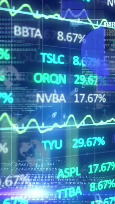 Animation of trading board and binary codes over graphs, globe and computer Video stock 341991516