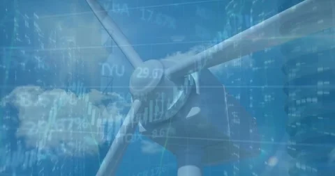 Animation of trading board and falling bars over close-up of spinning windmill Stock Footage 328299328
