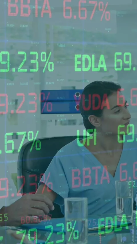 Animation of trading board and graphs moving over caucasian doctors discussing Stock Footage 343644745