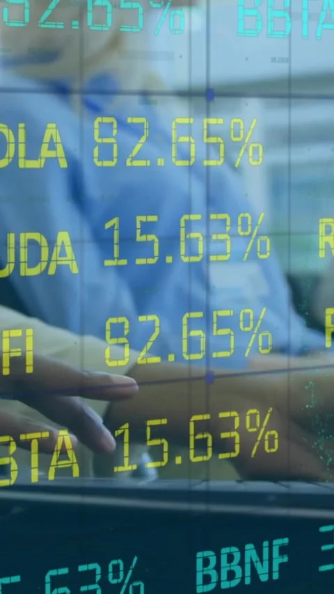 Animation of trading board and grid pattern over midsection of woman using Stock Footage 323578913