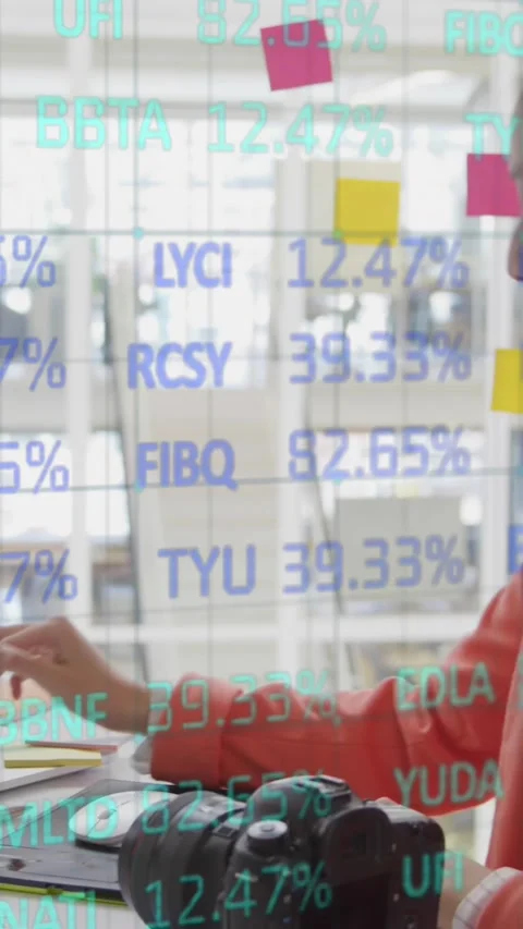 Animation of trading board and grid pattern, asian woman transferring photos Stock Footage 344774992