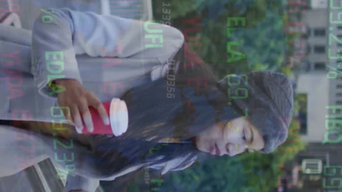 Animation of trading board and map over asian woman getting up on steps holding Stock Footage 312365851
