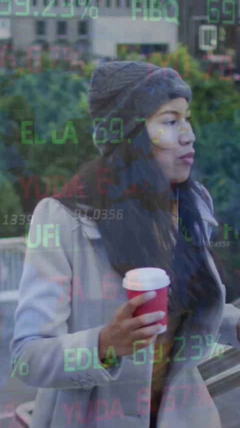 Animation of trading board and map over asian woman getting up on steps holding Stock Footage 321666803