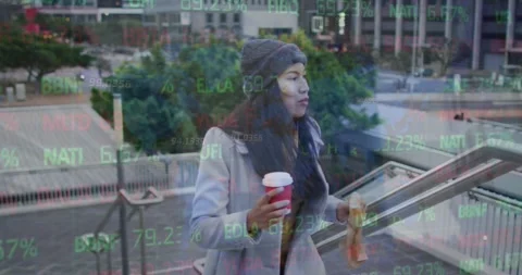 Animation of trading board and map over asian woman getting up on steps holding Stock Footage 330108373