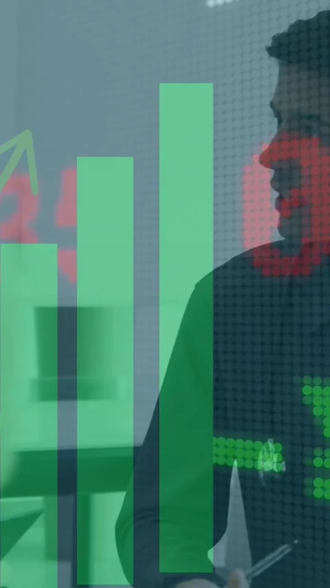 Animation of trading board, arrow and bar graph over diverse doctors discussing Stock Footage 343644739