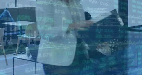 Animation of trading board, binary code, database over caucasian coworkers Stock Footage 220891679