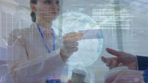 Animation of trading board, binary codes on caucasian female woman handing Stock Footage 229208819