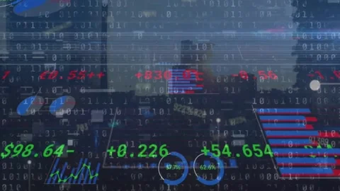 Animation of trading board with binary codes over multiple graphs against Stock Footage 235488011