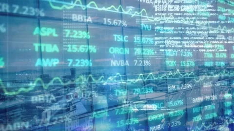 Animation of trading board, binary codes and computer language over cityscape Stock Footage 239789524