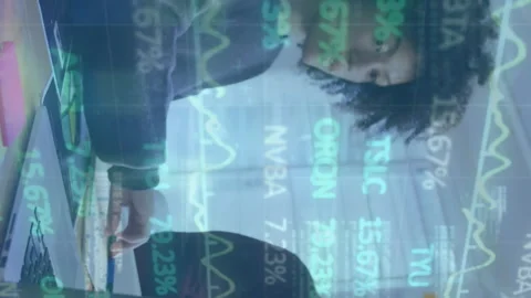 Animation of trading board, binary codes, computer language over woman working Stock Footage 312422840