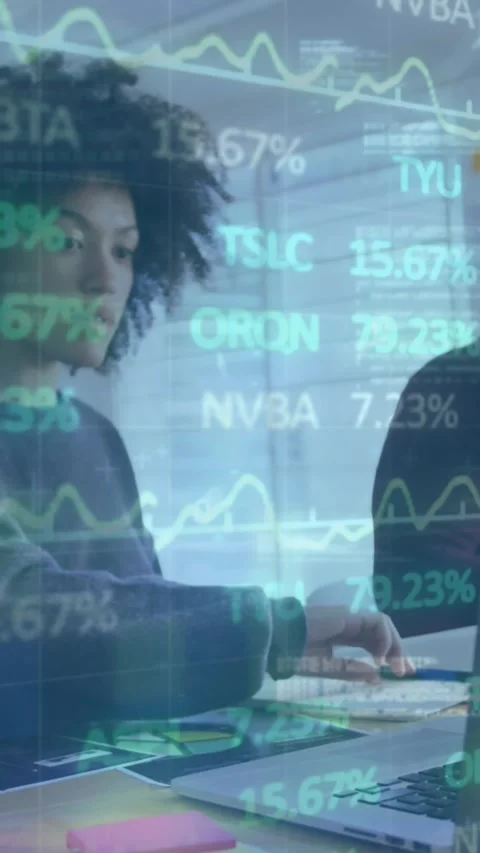 Animation of trading board, binary codes, computer language over woman working Stock Footage 321719995