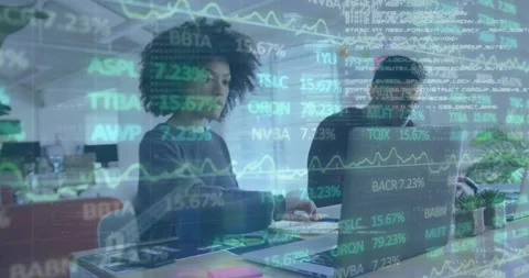 Animation of trading board, binary codes, computer language over woman working Stock Footage 327902025