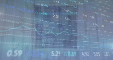 Animation of trading board, changing numbers over binary codes and blocks in Stock Footage 233649337