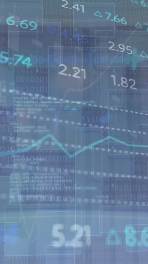 Animation of trading board, changing numbers over binary codes and blocks in Stock Footage 320215446