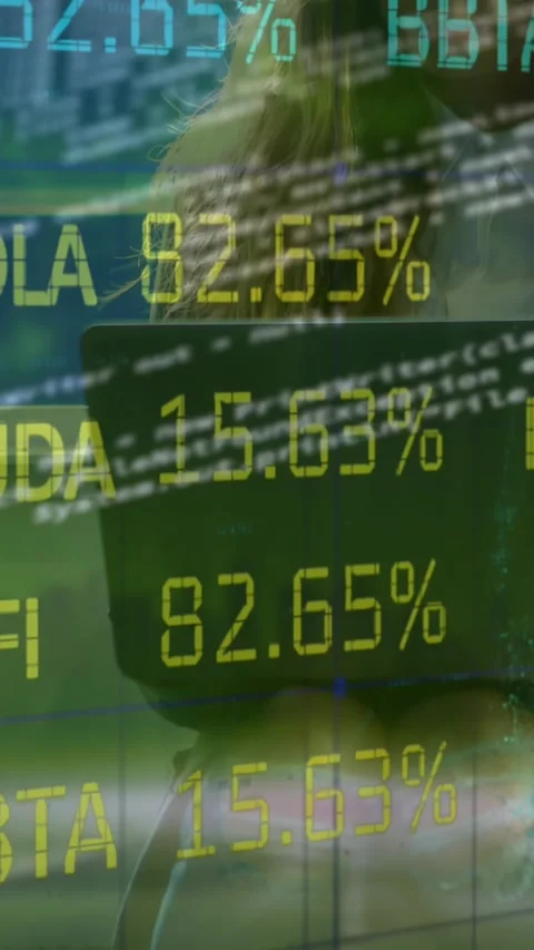 Animation of trading board, computer language, globe, caucasian woman working on Stock Footage 321172243