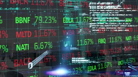 Animation of trading board, computer language and binary codes over empty room Stock Footage 329854403