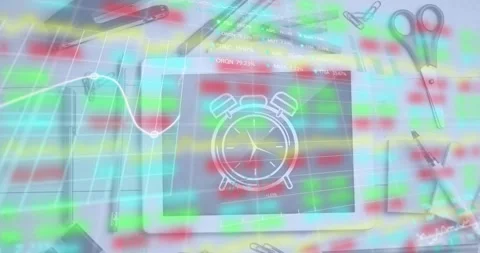 Animation of trading board, graph over tablet with alarm clock drawing amidst Stock Footage 327901565