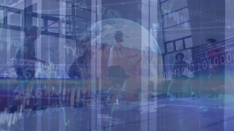 Animation of trading board, graphs, globe, programming codes over diverse Vidéo 221877950