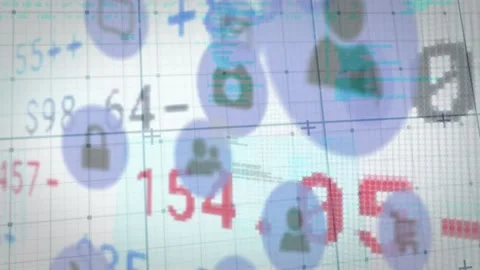 Animation of trading board, grid pattern and icons on computer language against Stock Footage 235488017