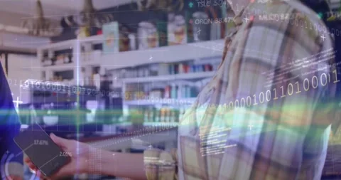 Animation of trading board, infographic interface over customer scanning phone Stock Footage 327956439