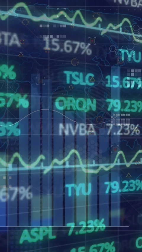 Animation of trading board over bar graphs against geometric shapes on map in Stock Footage 341927364