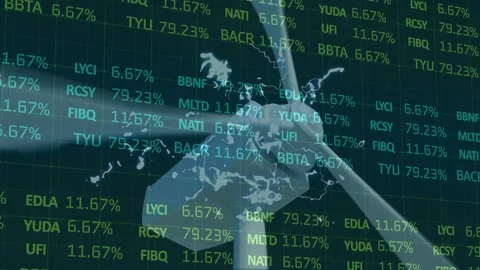 Animation of trading board over close-up of rotating windmill against black Stock Footage 327361202