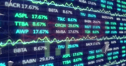 Animation of trading board over connected dots, graphs and wave pattern against Video stock 328934652