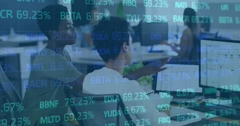Animation of trading board over diverse female coworkers discussing floor plans Stock Footage 229434892