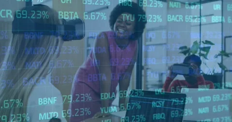 Animation of trading board over diverse female coworkers testing vr headsets in Stock Footage 327393703