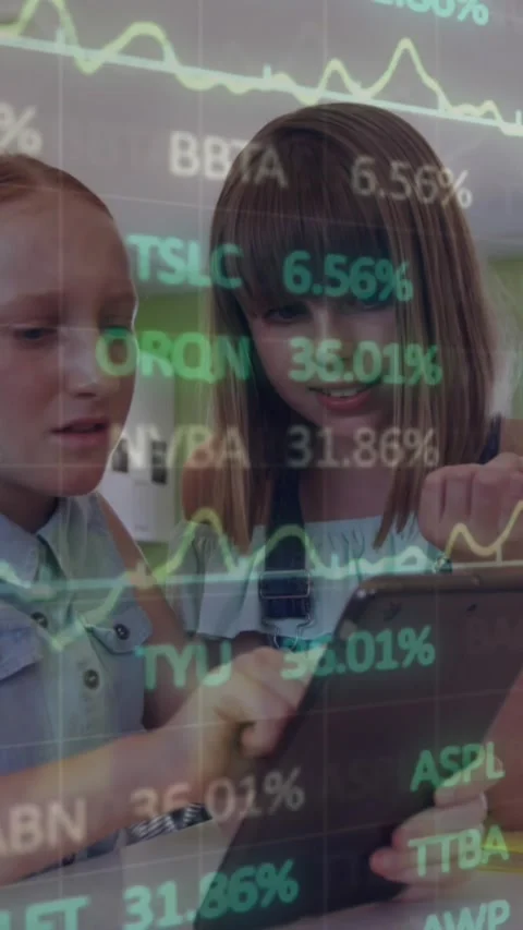 Animation of trading board over diverse girls using digital tablet in classroom Stock Footage 341956438