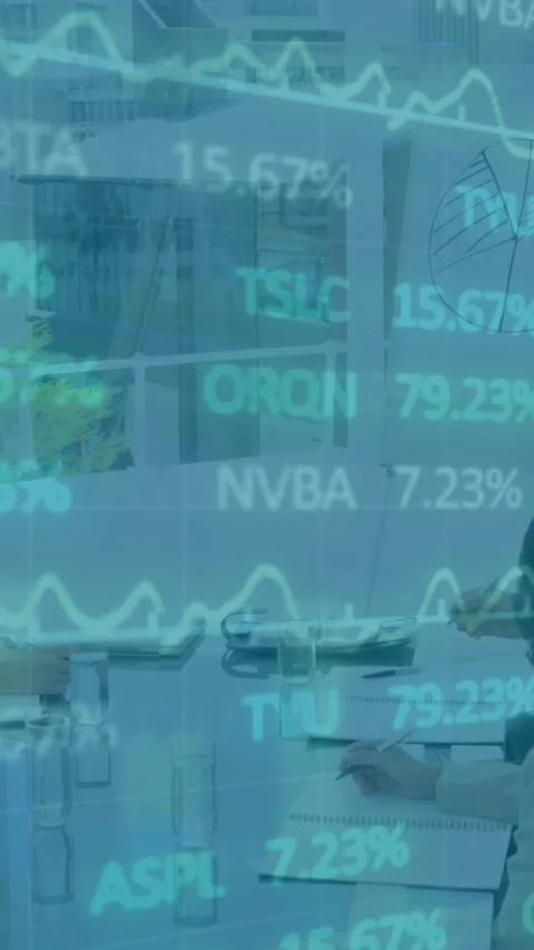 Animation of trading board over diverse manager explaining reports to coworkers Stock Footage 344723282