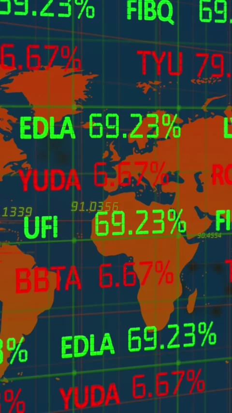 Animation of trading board over geometric shapes and numbers on map against Stock Footage 344803159