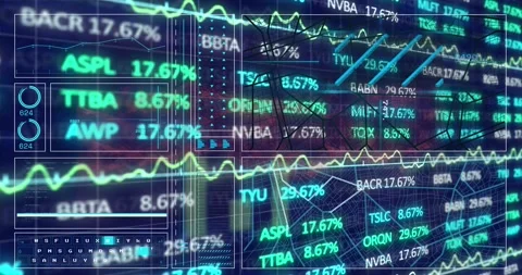Animation of trading board over graph, loading circles, navigation pattern and Stock Footage 220891817