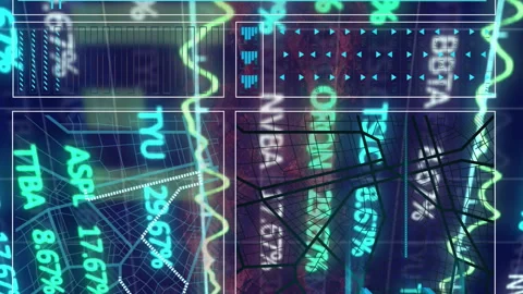 Animation of trading board over graph, loading circles, navigation pattern and 스톡 동영상 312442053