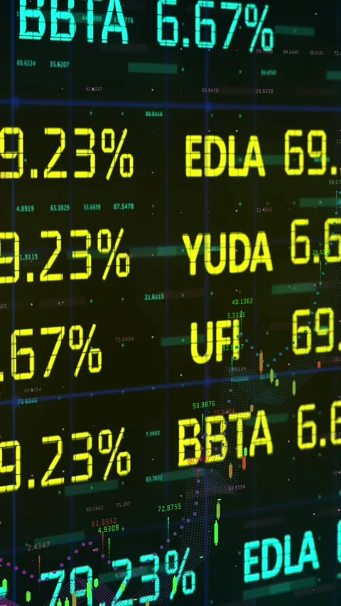 Animation of trading board over graphs with changing numbers against black Stock Footage 343721419