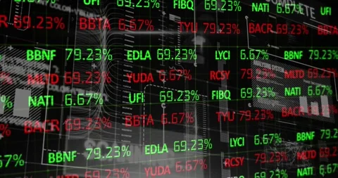Animation of trading board over infographic interface against black background Stock Footage 326879730