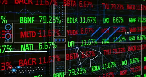 Animation of trading board over lines, circles, keyboard navigation pattern over Stock Footage 315838313
