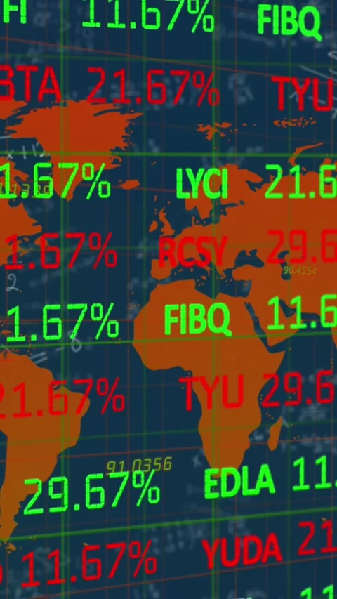 Animation of trading board over mathematical equations and map against abstract Stock Footage 344636255