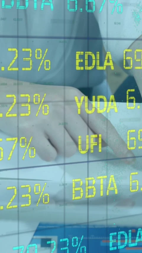 Animation of trading board over midsection of diverse coworkers discussing on Stock Footage 344723431