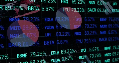 Animation of trading board over multicolored infographic interface against black Stock Footage 329854157