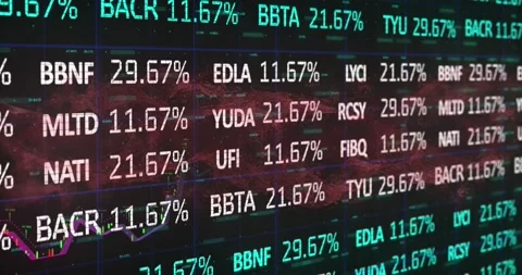 Animation of trading board over wave pattern, changing numbers and graphs on Video stock 239789649