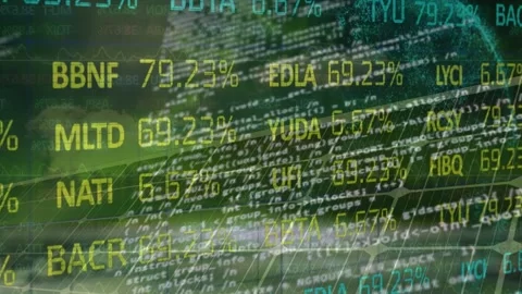 Animation of trading board, programming language, globe over solar panel Stock Footage 326103505
