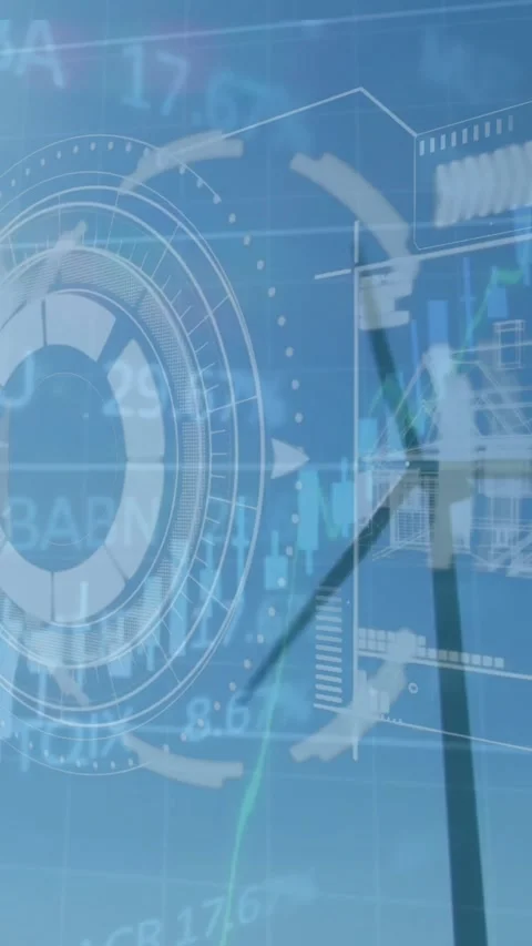 Animation of trading board, radar and loading bar over low angle view of Stock Footage 343721065