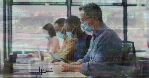 Animation of trading board, time-lapse of cars, diverse coworkers wearing mask Stock Footage 328642197