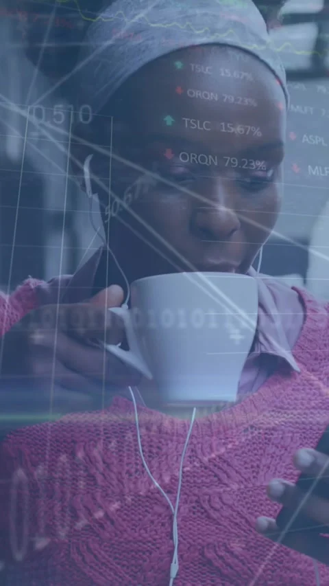 Animation of trading boards, binary codes, computer language, african american 動画素材 343902568