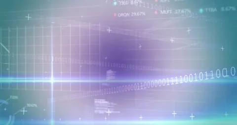 Animation of trading boards, graphs, binary codes and computer language over Video stock 243326208