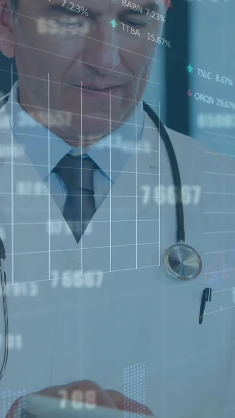 Animation of trading boards, graphs, numbers, diverse doctors discussing patient Stock Footage 343867793