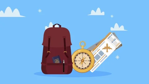 Animation of travel gear featuring a backpack passport compass and airplane.. 動画素材 339085900