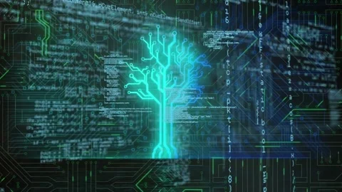 Animation of tree and data processing over integrated circuit 스톡 동영상 162953327