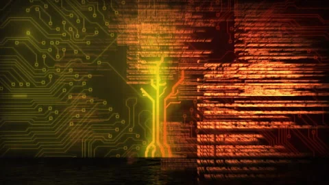 Animation of a tree made of neon, orange and yellow lines over data processing. Stock Footage 131274934